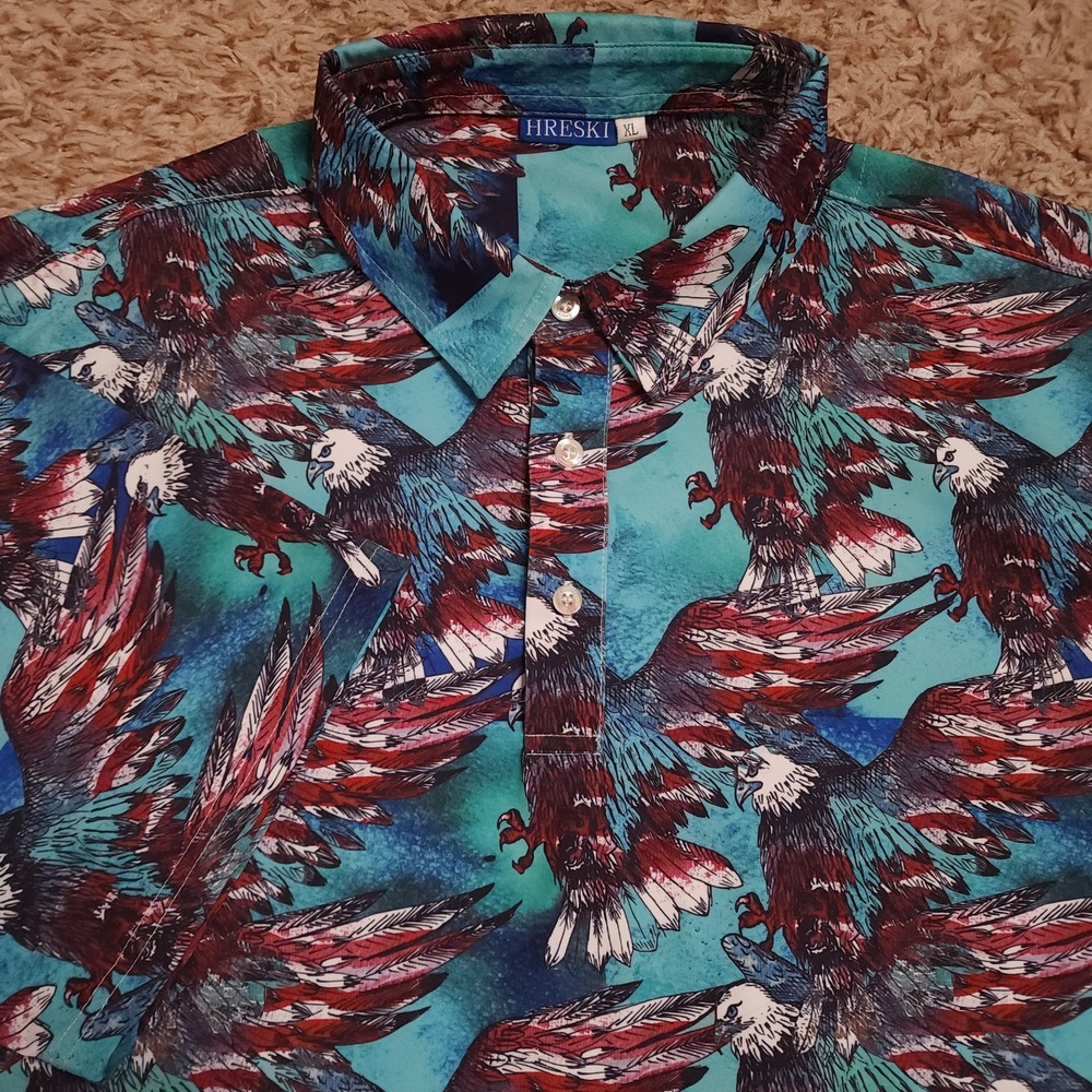 Hreski Mens XL Short‎ Sleeve USA Bald Eagle Golf Performance Active Polo Shirt